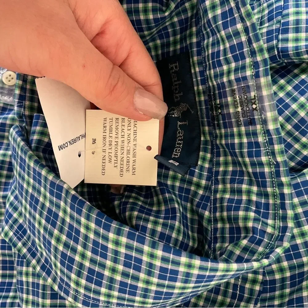 NEW Polo by Ralph Lauren Classic Fit Long Sleeve Blue Green Check Shirt XXL